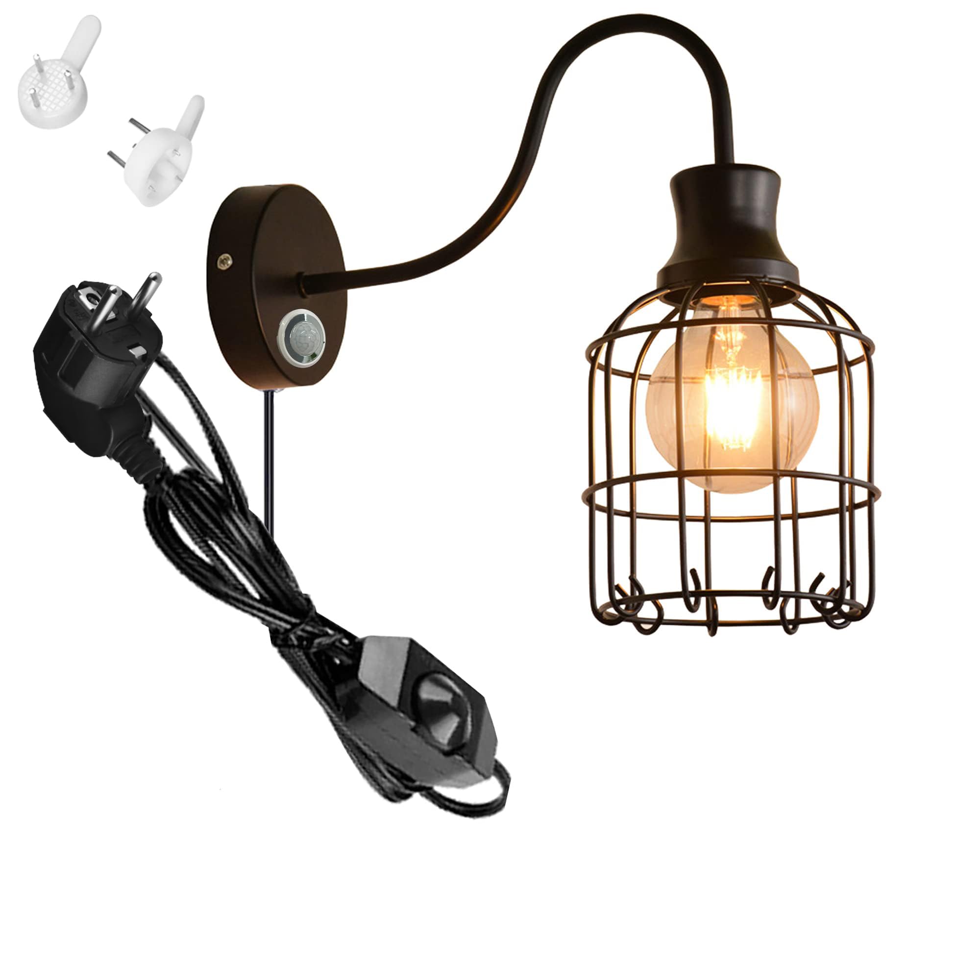 Wandleuchte mit Bewegungsmelder, Wandleuchte Innen mit 1,8 m Kabel, Industriell Eisen Wandbeleuchtung für Treppe, Flur, Garage(BD1767)