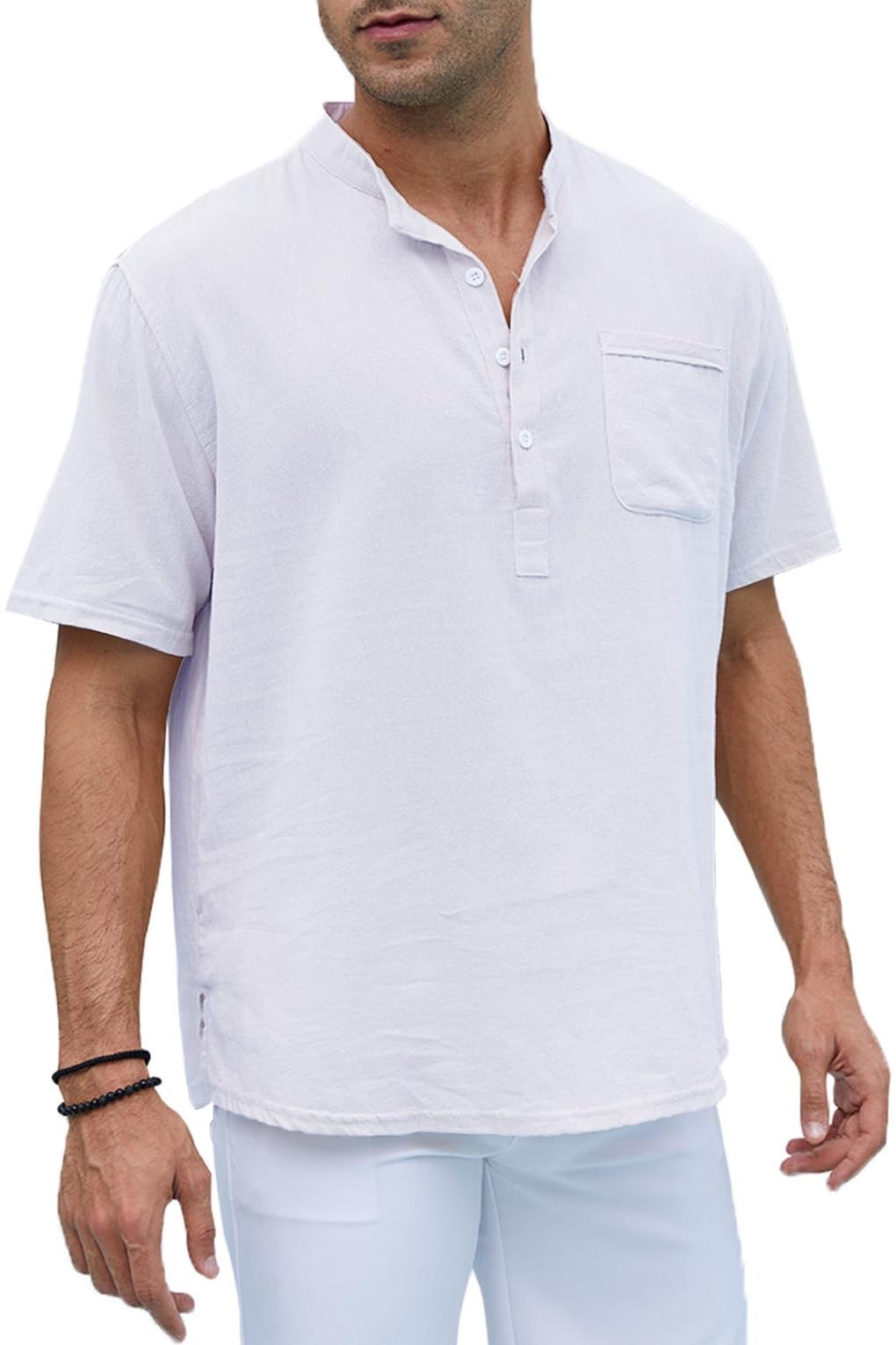 Joligiao Camisa de Lino Hombre Manga Corta Camisas de Verano con Bolsillo Camisa Suelta de Ocio de Color Sólido con Botónes Cuello Mao Transpirable Camisas Casual Camisa Hawaiana Estilo