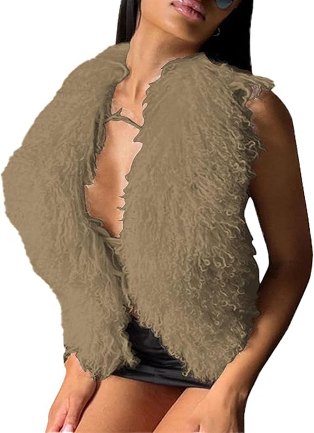 Women's Faux Fur Collar Vest Tie Backless Halter Sleeveless Fuzzy Sexy Crop Tank Top Back Lace Up Y2K Shaggy Waistcoat Party - Image 9
