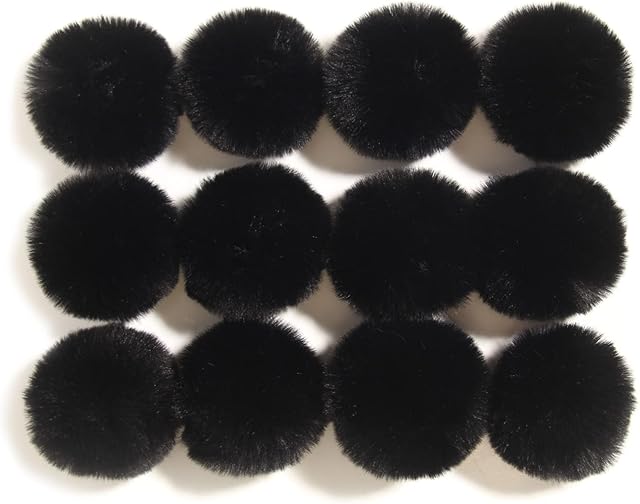 Furling Pompoms DIY Pack of 12 Faux Rex Rabbit Fur Pom Poms for Hats Soft Knitting Accessories (Black, 8cm)