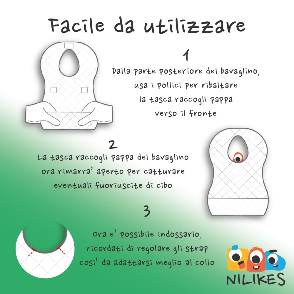 Bavaglini Usa E Getta NILIKES 60 Pz - Impermeabili, Compostabili, Con Tasca Raccoglipappa - Foto 5