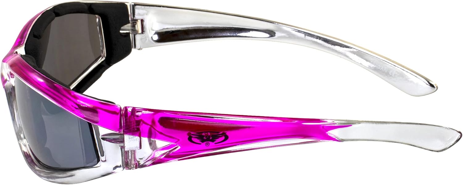 GV Padded Women Lady Motorcycle Sunglasses Glasses Pink and Chrome With Storage Bag - Image 3