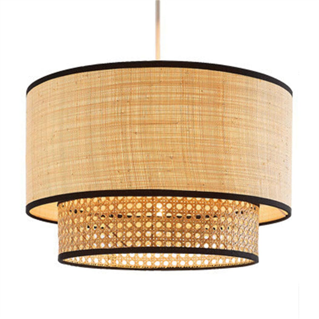 SHUANGZ Boho Bamboo Basket Pendant Light Double-Layer Wicker Fixtures Tropical Rattan Hanging Lights Adjustable Height Flush Mount Ceiling Light for Dining Room Living Room Restaurant 1-Lights