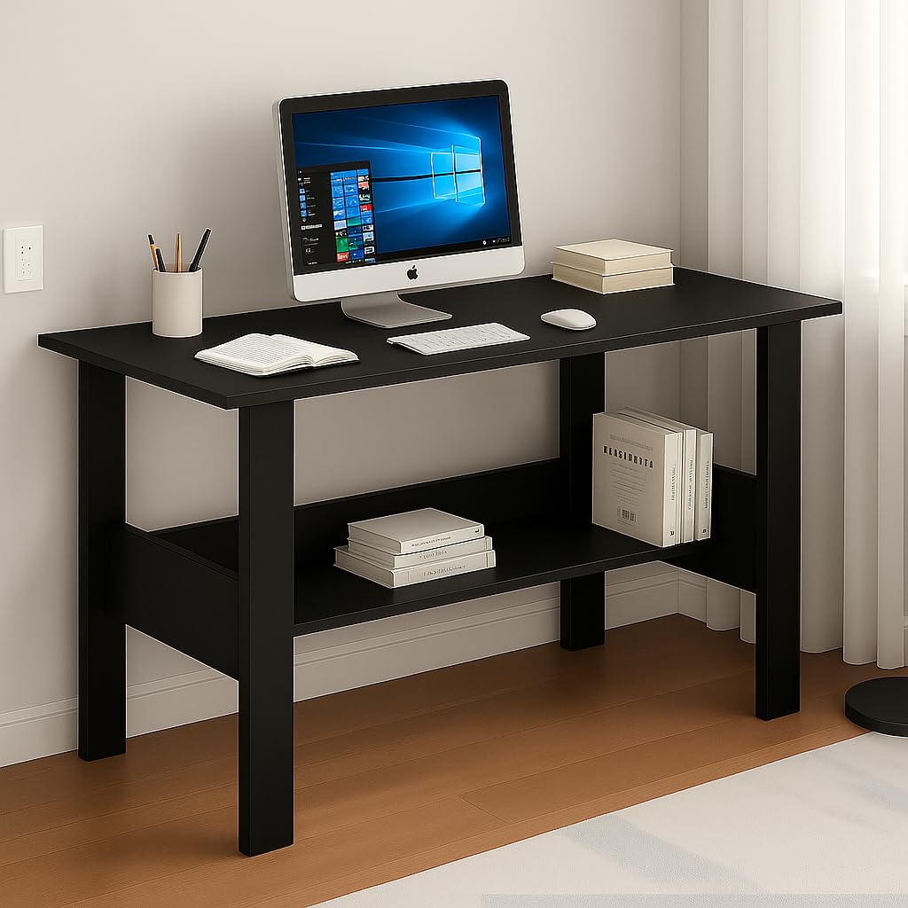Callas Engineered Wood Computer Desk with Shelf – Modern Laptop Study Table for Home Office, Workstation & Writing Desk for Students and Professionals (ST-09-Black)