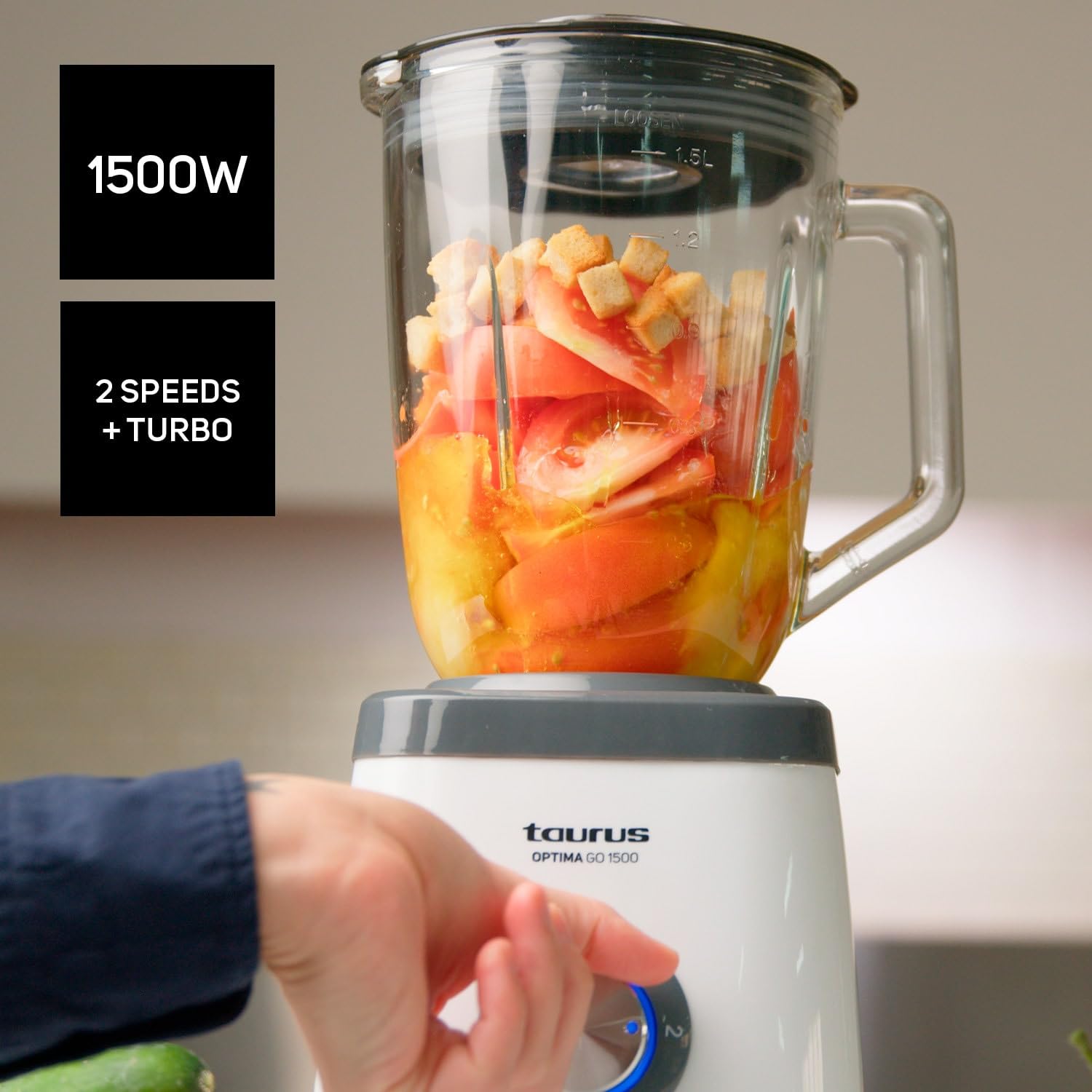 Taurus - Optima Go 1500 blender stołowy, 1500 W, przenośny kubek 500 ml, ostrze z 4 ostrzami, 2 stopnie prędkości + Turbo, stal nierdzewna, antypoślizgowy, system bezpieczeństwa