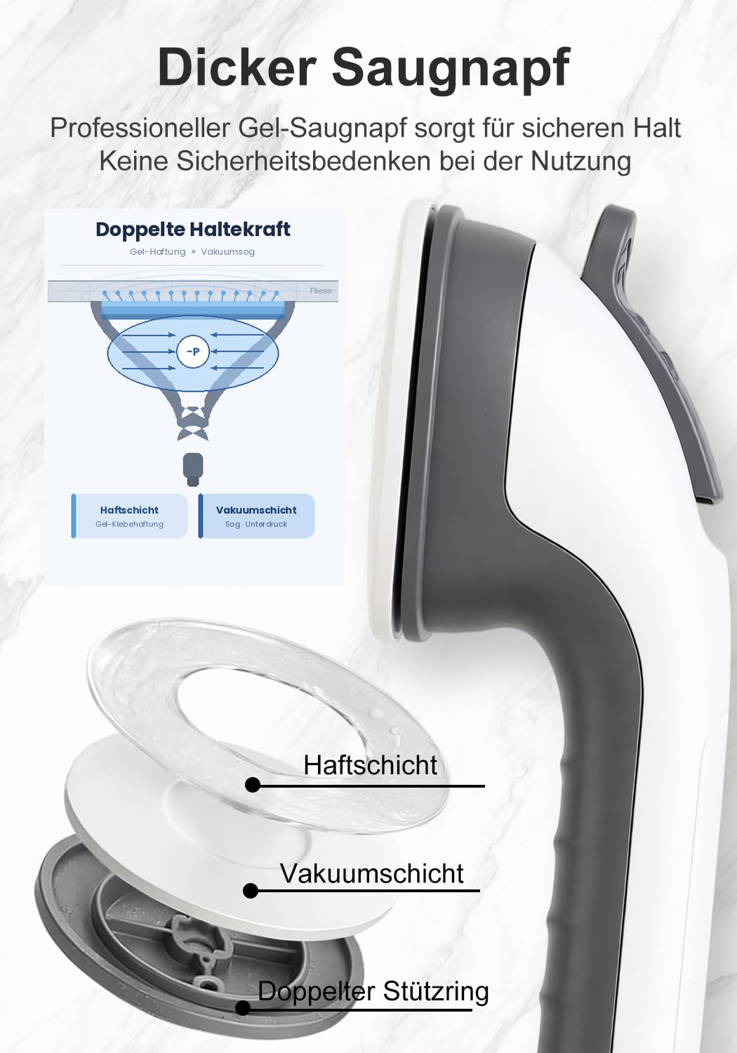 Dusch Haltegriff ohne Bohren, 2er Set, rutschfeste Haltegriffe mit starkem Saugnapf, sichere Unterstützung für Bad, Dusche, Toilette, Küche & glatte Oberflächen, stabiler Halt für Alltag & Mobilität