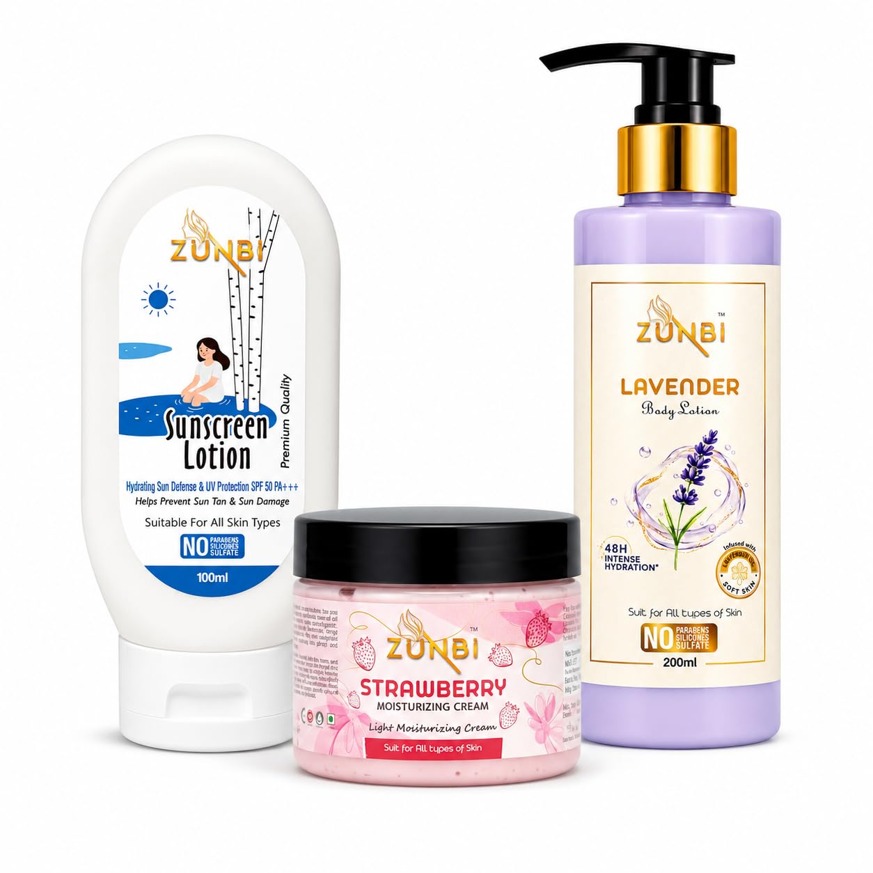 Complete Skin Care Combo Pack | SPF 50 PA+++ Sunscreen Lotion 100ml + Strawberry Moisturizing Cream + Lavender Body Lotion 200ml | UV Protection, Deep Hydration & Daily Moisturization | Suitable for All Skin Types-image-33
