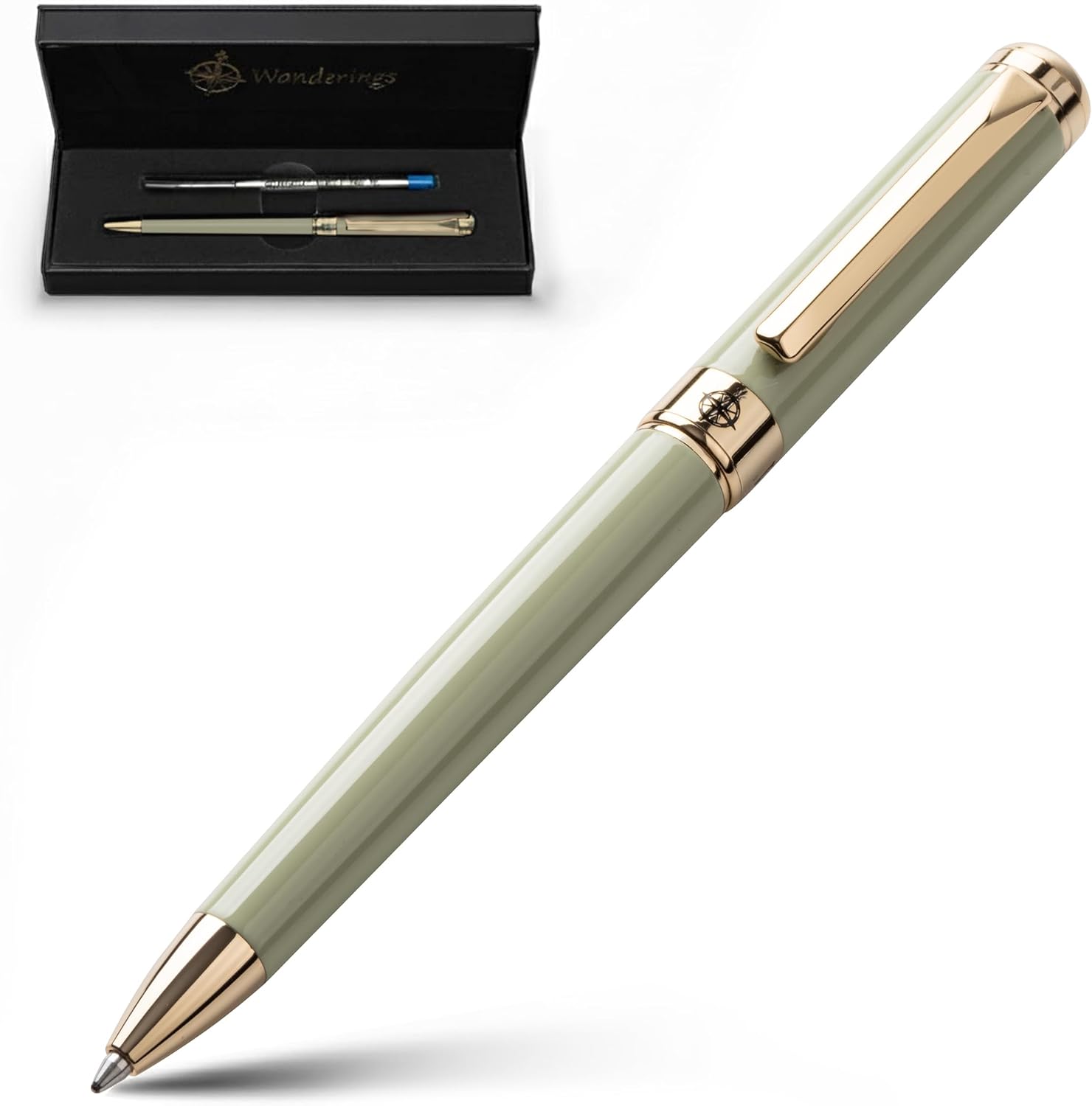 WANDERINGS Premium Ballpoint Pen with German Ink – Perfectly Balanced for a Superb Writing Experience, 24K Gold Plated Green Soft Sage Green- Includes a Schmidt Refill in a Giftable Presentation Case
