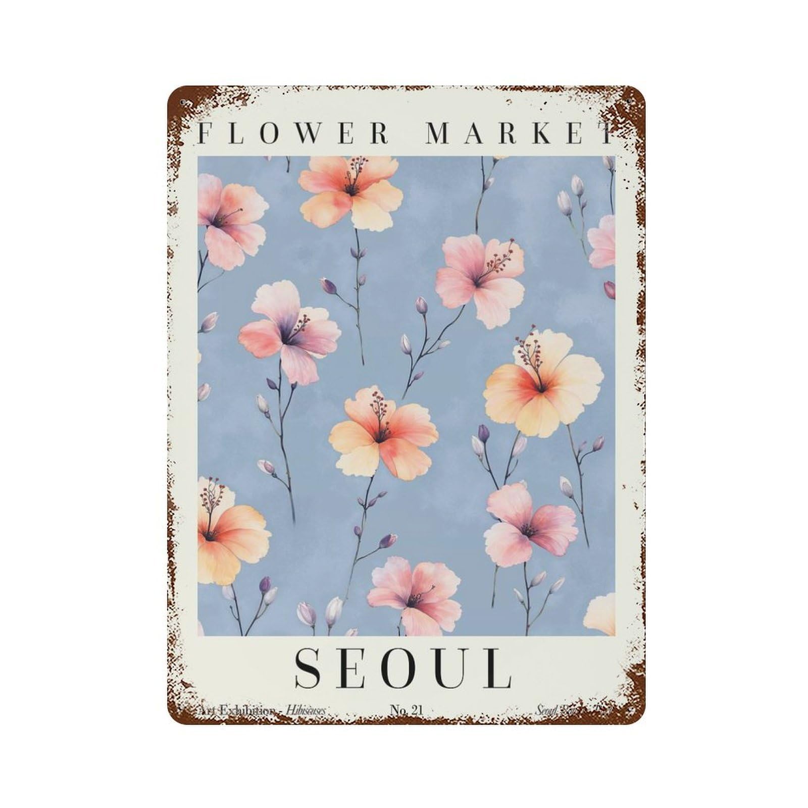 Seoul Hibiscus Flower Market Retro Metal Sign 15.7"x11.8", Old School Wall Decor for Garage, Bar And Workshop Decor