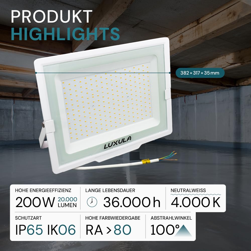 LUXULA LED Strahler Außen, 200W, 4000K Neutralweiß, 20000lm, IP65 wasserdicht, Außenstrahler Fluter, Aussenleuchte Scheinwerfer, LED Außenbeleuchtung für Garten, Einfahrt, Garage, Terrasse, Weiß
