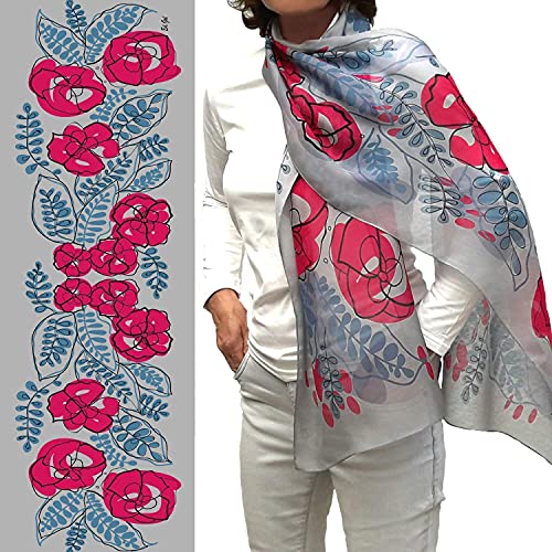 Long Silk Scarf, Artistic Hand Painted and Printed in Blue and Pink, Floral Chiffon Shawl, Designer Lightweight Scarves for Women Dress, Fashion Birthday Gift for Her2