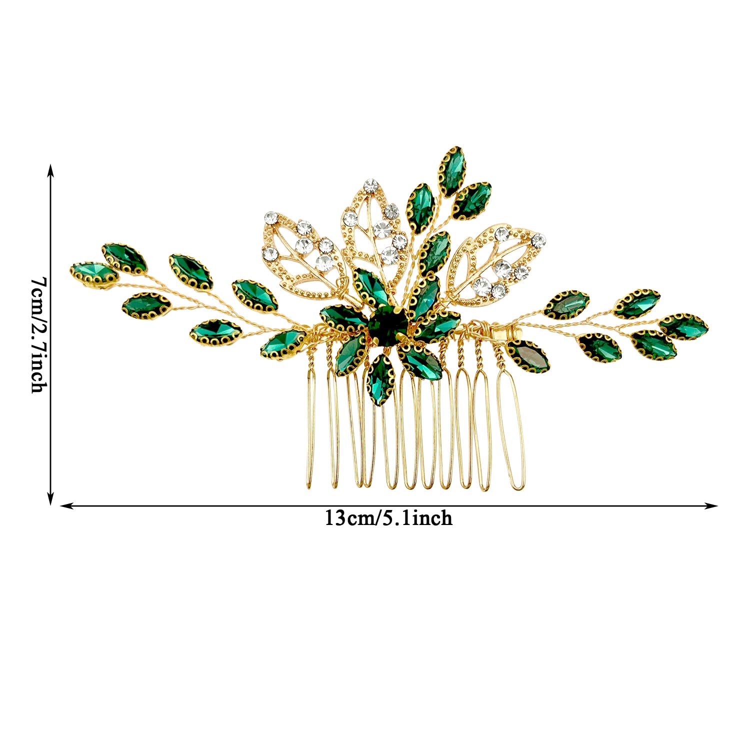 Bridal Green Gold Crystal Hair Comb,Wedding Rhinestone Hair Side Comb Fashion Hair Clip Handmade Hair Accessories for Bride Wedding Prom Girl Headpieces