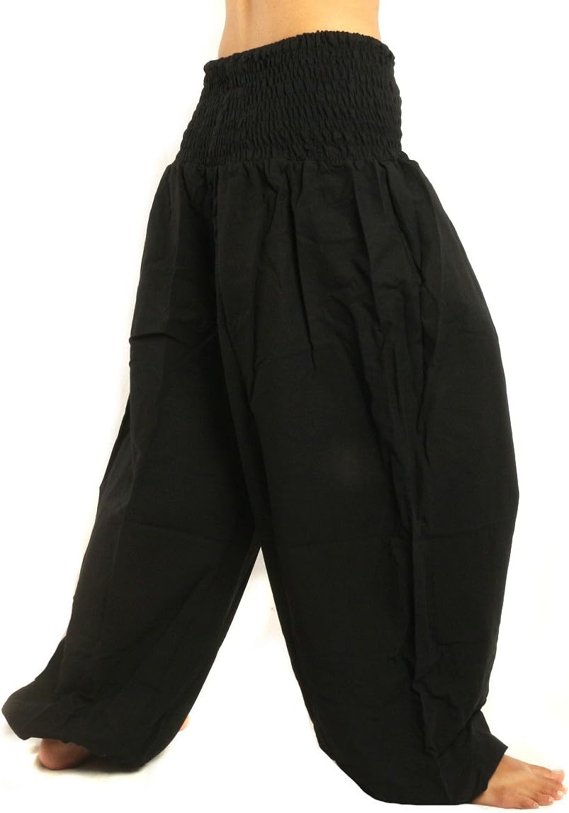 Jing Shop High Cut Harem Baggy Pants with Wide Legs and Smocked Wide Waist Cotton - Image 4