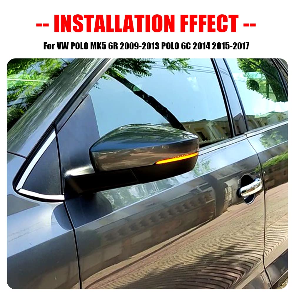2 pièces Séquentiel Dynamique Clignot Compatible avec V-W POLO MK5 6R 2009-2013/POLO 6C 2014-2017 LED Rétroviseur Latéral Indicateur de Direction Assemblage