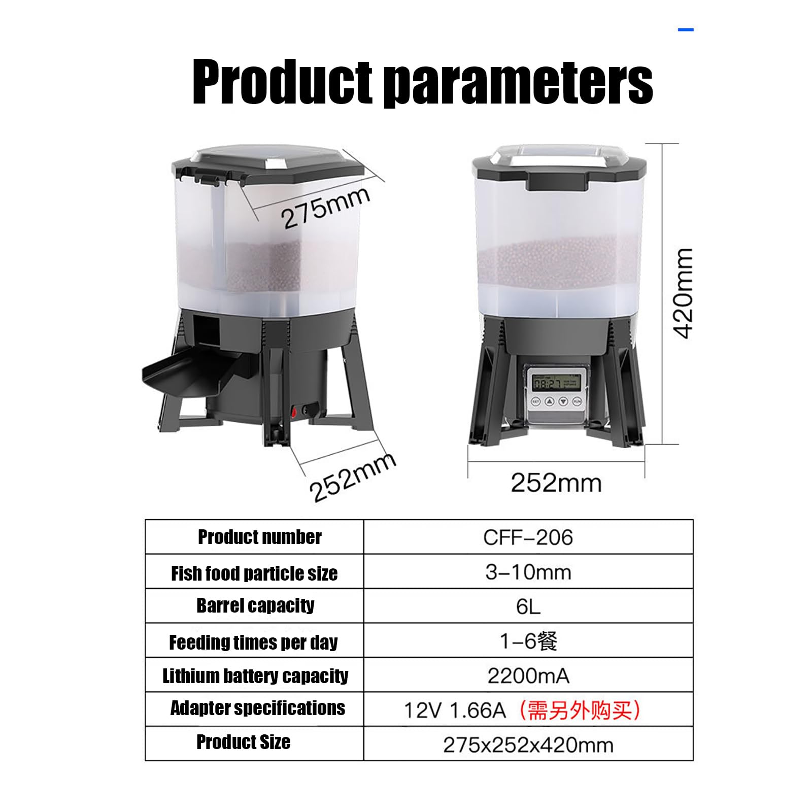 Karmnik dla ryb o dużej powierzchni, 6 l solarny automatyczny karmnik dla ryb z 4 biegunami, rozmiar cząstek karmy dla ryby: 3-8 mm/120° karmienie natryskowe/dokładny czas, do karmienia zwierząt
