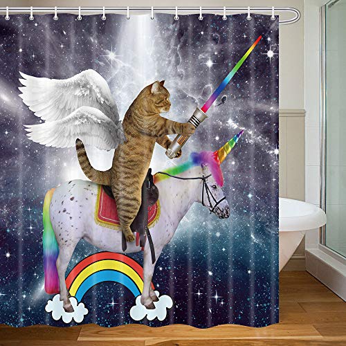 Merchr Funny Cat Shower Curtain, Cat Riding Unicorn Space Stars Rainbow Decor Waterproof Fabric Shower Curtains, Kids Fairytale Bathroom Curtain Set With 12 Hooks, 71X71 Inches #TOP2