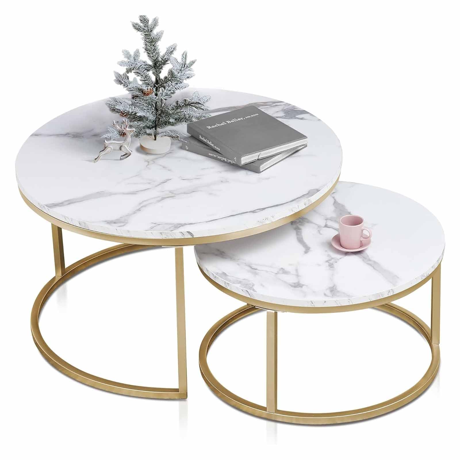 SXZenSpace Modern Round Nesting Coffee Table Set, 27.56" White Faux Marble Top with Gold Metal Legs, Stacking Accent Side Tea Tables for Living Room, Mid-Century Design