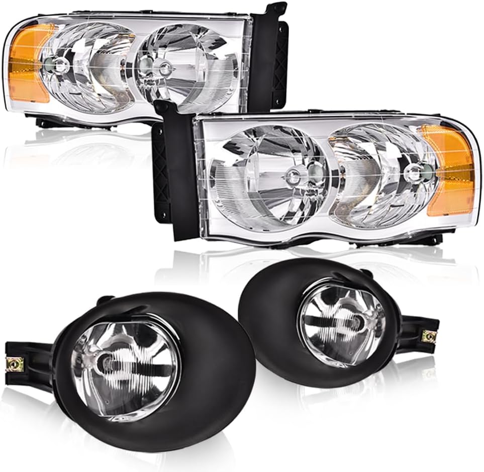 GRAND ORANGE 4PCS Headlights + Fog Lights Assembly Fit Dodge Ram 1500 2002-2005 Fit Dodge Ram 2500 3500 2003-2005 55077121AF, 55077120AF, 55077475AE Clear Lens Chrome Housing Amber Reflector