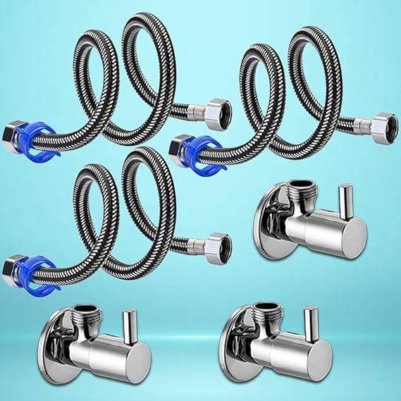 304 Grade Braided Stainless Steel Connection Pipe Hose Pipe Wirh Angle valve for Sink, Faucet, Toilet, Washbasin & Water Heater, Geyser (24 inch) (Pipe With Valve) (combo) CPSSAV4684