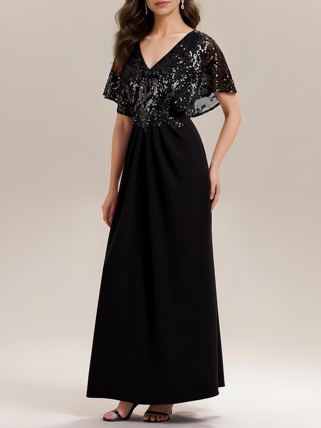 Ever-Pretty V-Neck Sequin Formal Dresses for Women Short Sleeves Ruched Evening Gown Mother of Bride Dress 02656