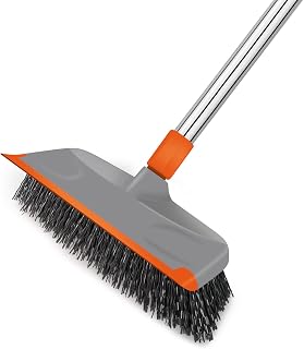 BITOPE 2-in-1 Deck Scrub Brush with Long Handle & Squeegee - Heavy Duty 10" Stiff Bristle Floor Scrubber for Tile, Garage, Patio, Bathroom