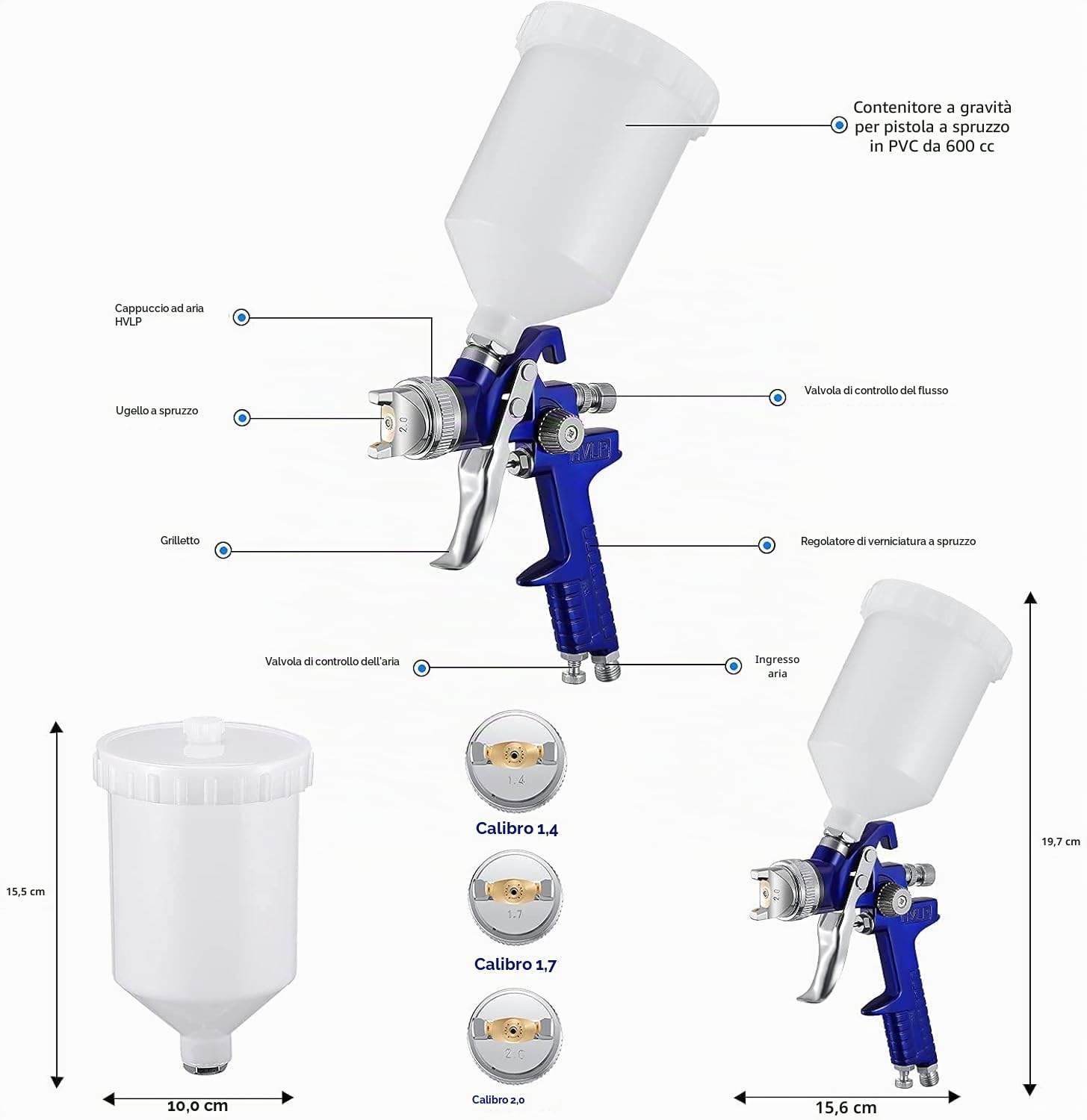 HVLP Pistola a spruzzo ad alta atomizzazione Pistola a spruzzo per riparazioni di piccoli mobili per auto con regolatore di pressione dell'aria Serbatoio vernice da 600cc 1.4/1.7/2.0mm ugello