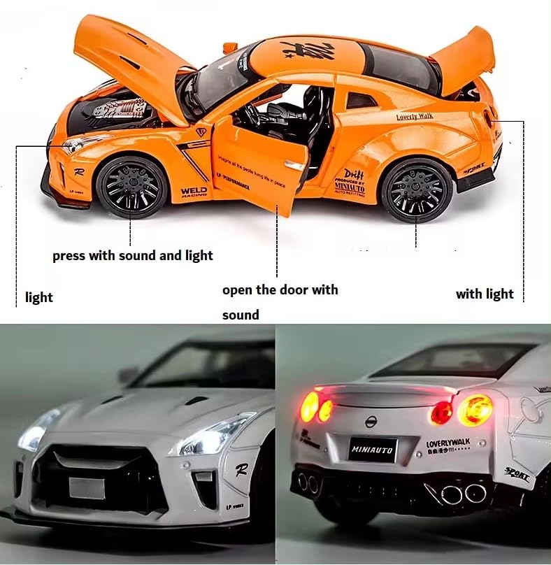 Image of 1:32 Scale New Nissan GTR R34 Toy Car | Metal Pullback Diecast Car for Kids with Openable Doors, Sound, Light Effects, Black