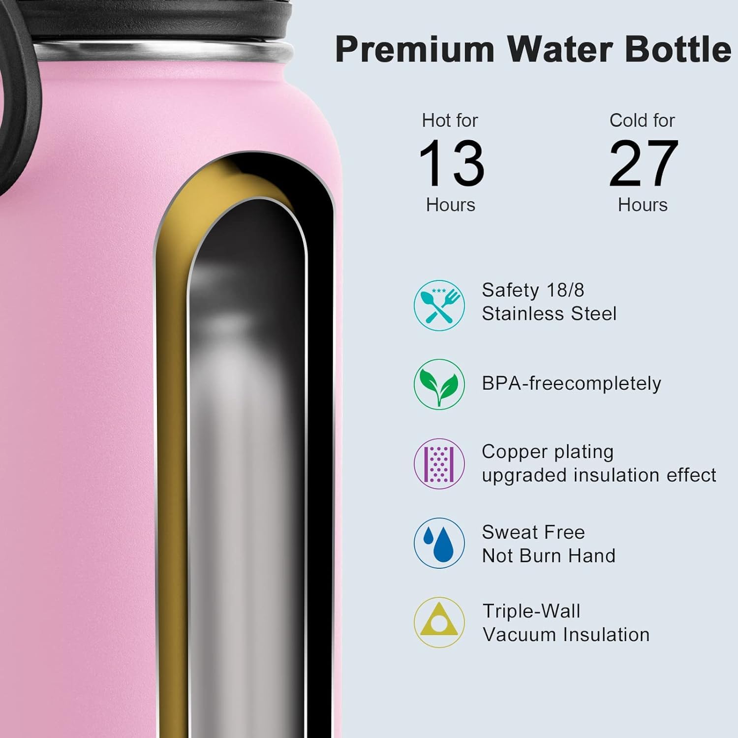 koodee Isolierte Wasserflasche, 900 ml, Edelstahl, doppelwandig, Vakuum, Weithals, Sportflasche mit auslaufsicherem Auslaufdeckel (Pink)