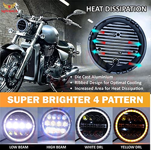 Image of Miwings 7 inch Round LED 4DR8CB Hi /Low Beam Amber & White Headlight 75W H4 Compatible with Royal Enfield, Jeep, Thar, motorcycle, Cars, Harley Davidson