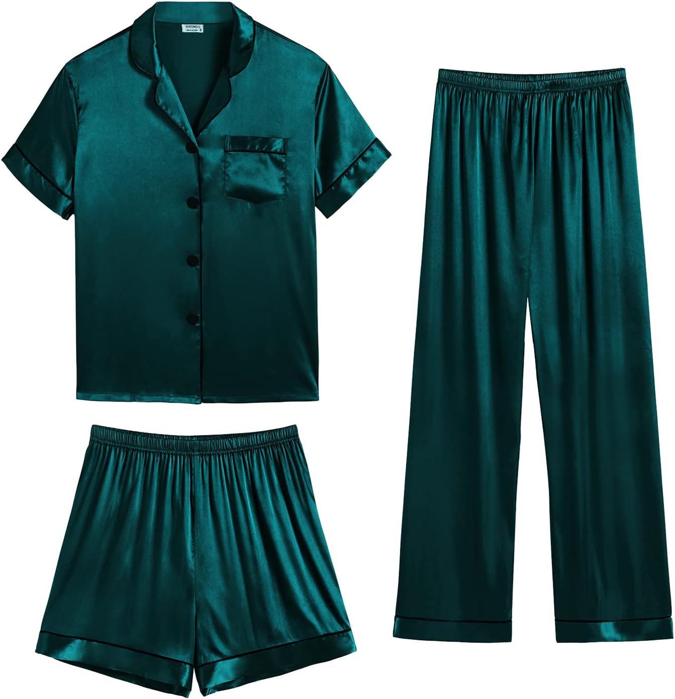SWOMOG Womens Silk Satin Pajama Sets 3Pcs Button Down Pj Set Short Sleeve Sleepwear Loungewear Pjs Nightwear XS-XXL
