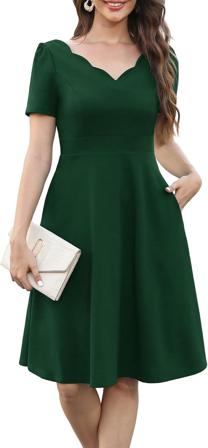 Women's Elegant Vintage 50s Scallop Trim V-Neck Casual Work Dress Swing A Line Cocktail Party Dresses with Pockets 755