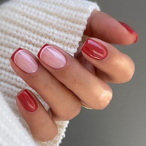 Miniatura 8 de Uñas postizas a presión de punta francesa blanca, uñas postizas cortas cuadradas y color rosa brillante, uñas postizas de cobertura completa con
