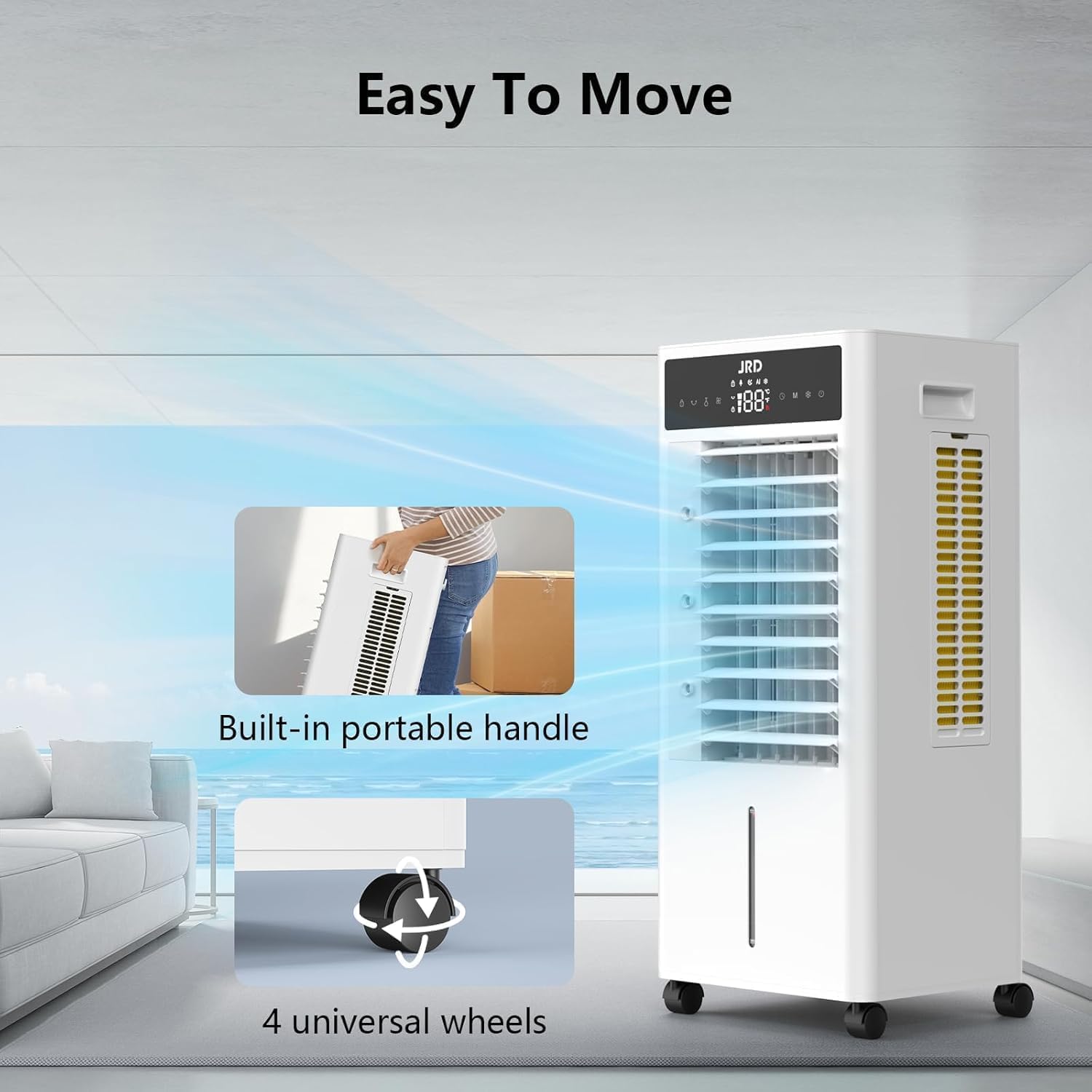 JRD Portable Air Conditioner, Portable Evaporative Air Cooler with Remote, 12H Timer, 4 Ice Pack, 2.4Gal Tank, 4 Mode&3 Speed, Mist Function, Swamp Cooler Cooling Fan for Bedroom Home Office Garage