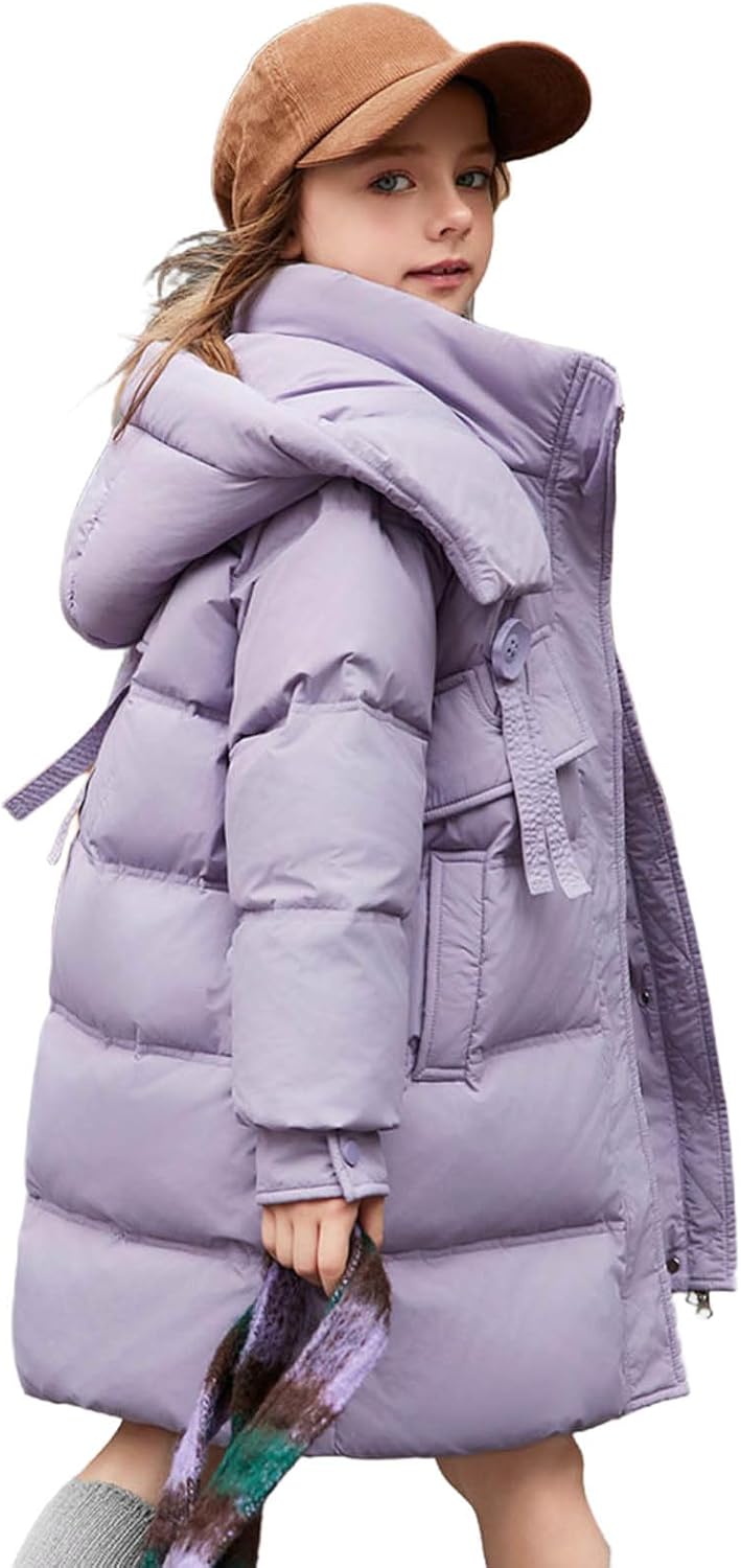 Girls Winter Puffer Coats Hooded Mid-Length Puffy Jackets Kids Zip Up Warm Thicken Quilted Down Jacket Outwear Pocket 7-8 Years A01#purple - Image 1 of 8