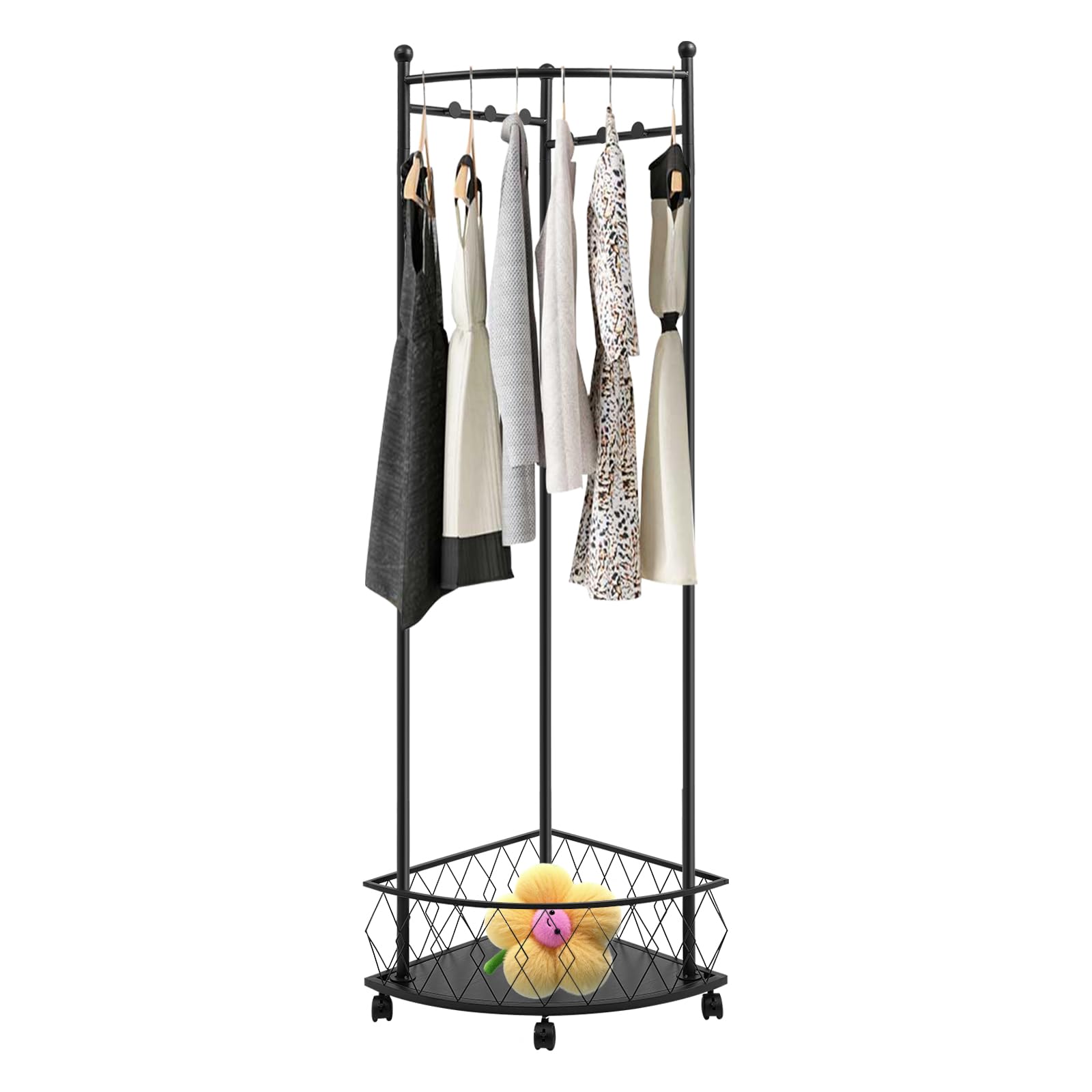 Perchero móvil con cesta de almacenamiento, perchero de esquina de metal con 4 ruedas, perchero de esquina independiente con 6 ganchos para ropa, sombreros, bolsos, pasillo, entrada (negro)