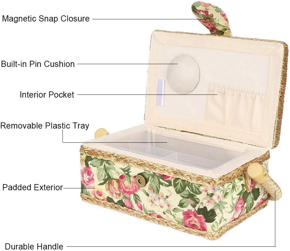 Sewing Basket for Sewing Supplies, Vintage Sewing Kit Storage Box with Removable Tray, Household Fabric Craft Handmade Thread Needle Storage Box Organizer with Handle for Embroidery