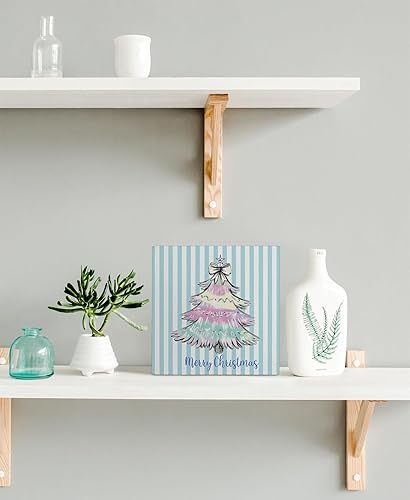 Miniatura 3 de kunlisa Cartel de madera pastel para árbol de Navidad, decoración de mesa de Navidad, árbol de Navidad coqueta, letrero de madera a rayas azules
