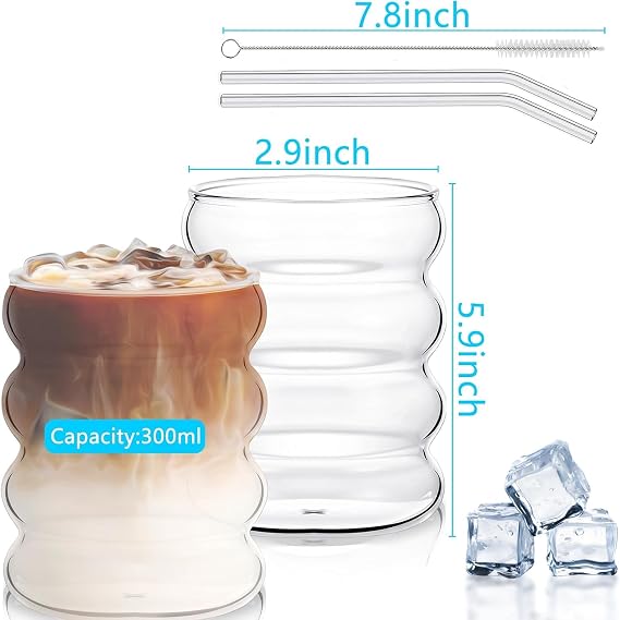 Ripple Glass Cups, 300ML Bubble Water Drinking Glasses, Heat-Resistant Glasses with Glass Straws, Cappuccino Latte Macchiato Coffee Cup, Suitable for Coffee, Tea, Juice, Cocktails