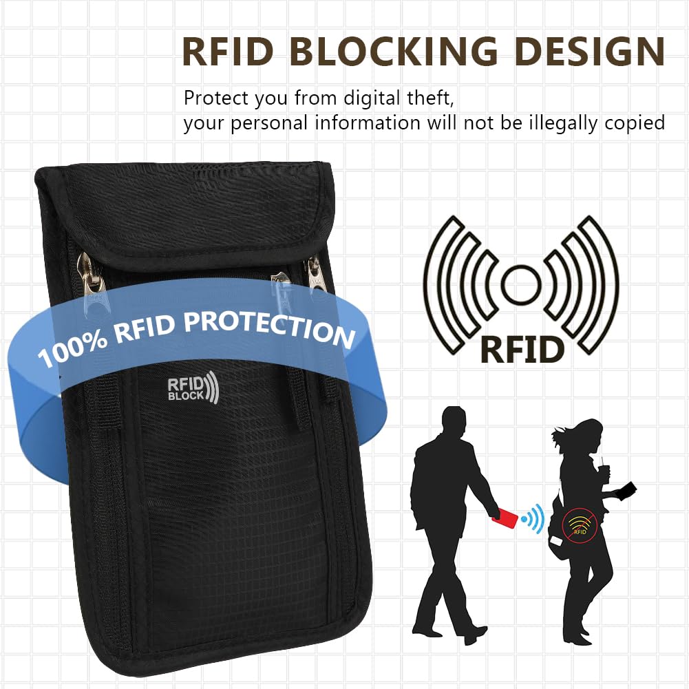 flintronic Saszetka na szyję z ochroną RFID, saszetka na szyję do podróży, ukryty uchwyt na paszport festiwalowy, karty kredytowe, monety i akcesoria podróżne – czarna