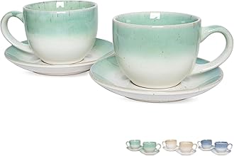 Bosmarlin Ceramic Cappuccino Cup and Saucer Set of 2, 10 Oz, Dishwasher and Microwave Safe, Coffee Cups for Latte, Espresso, Tea, Reavtive Glaze (Green)