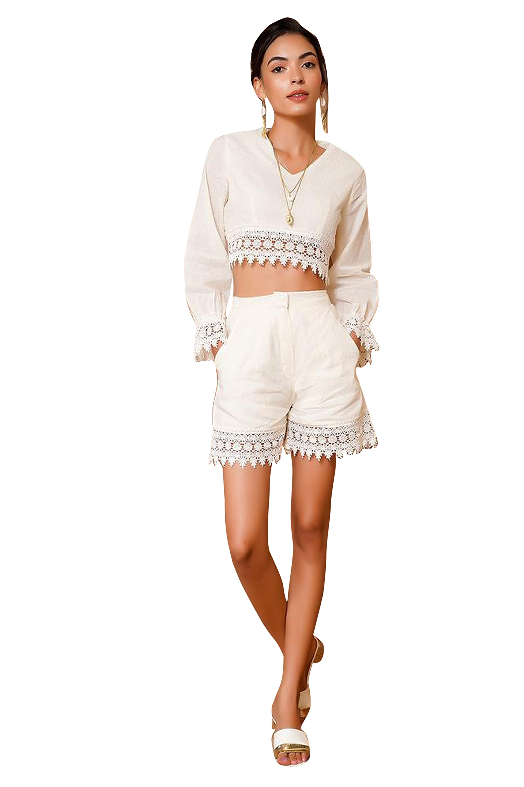 cool and casual Two Piece Dress for Women Long Sleeves Women's V-Neck Top and Shorts-picture-19