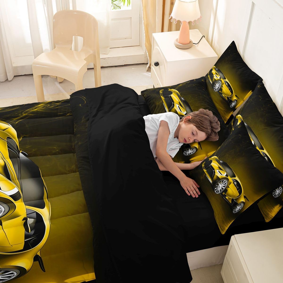Feelyou Sports Car 7 Piece Bedding Set Yellow Race Car Comforter Set with Sheets for Kids Boys Girls Extreme Sports Bed in a Bag Cool Speed Luxury Car Decor Quilt with 1 Pillowcase Twin