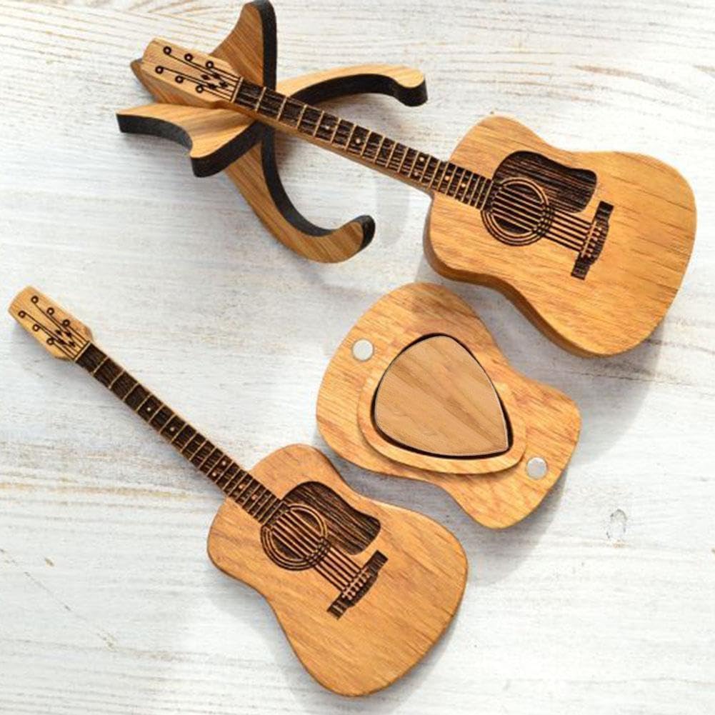 Wooden Guitar Pick Box With Stand, 3PCS Mini Guitar Shaped Pick Holder, Engraved Case for Bass Player Lovers