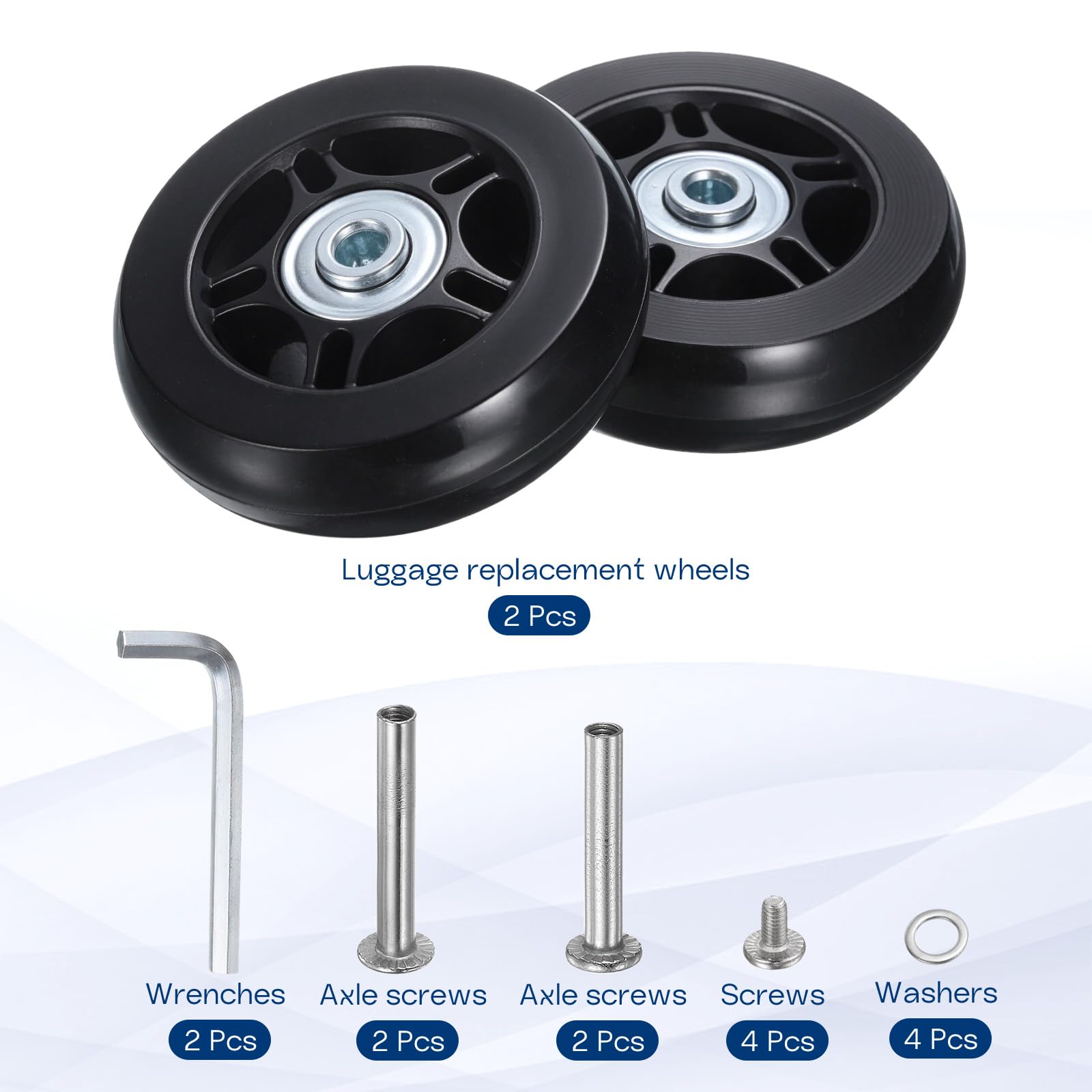 HiPicco - Roues de rechange pour valise, kit de réparation avec roulements pivotants en caoutchouc 90x24mm - Inclus 2 roues avec roulements en PU, rondelles, clés et vis d'essieu pour chariot à