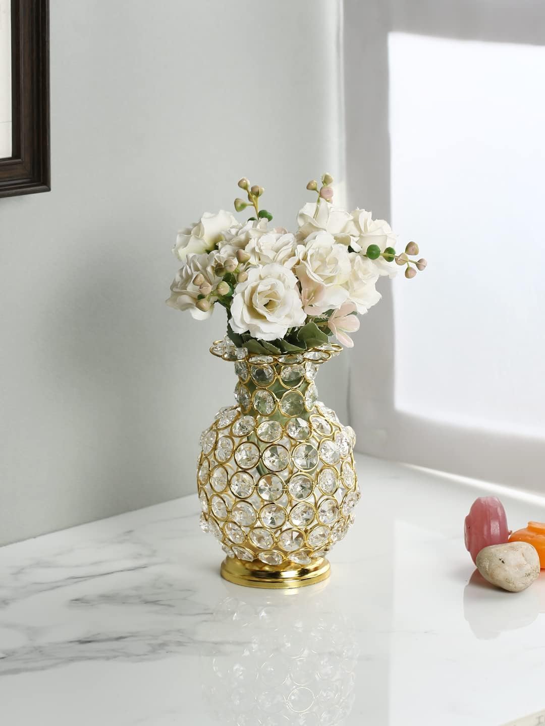 Luxury Crystal Flower Vase with Artificial White Roses | Golden Decorative Showpiece for Home, Office & Living Room Décor | Elegant Table Centerpiece-image-39