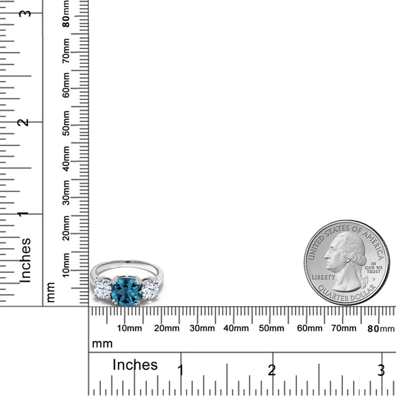 Gem Stone King 4.24 Cttw London Blue Topaz and White Zirconia 3-Stone Engagement Ring For Women | 925 Sterling Silver | Center Cushion 8MM | Wedding Engagement Anniversary Promise Ring - Image 5