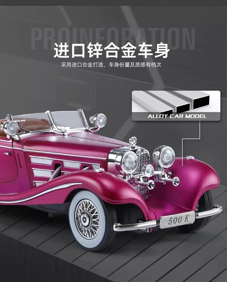 Image of 1:24 Benz 500K Toy Car Model, Diecast Collectible Pull Back Model Car with Sound and Light, Retro Classic Car Toy Gift Vehicles for Adults, Kids, Boys, and Girls (Pink)