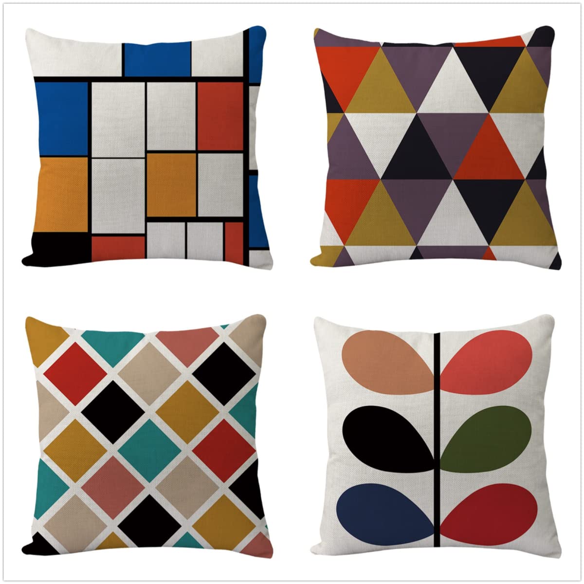 Fundas de Cojines 65x65cm Juego de 4 Color de geometría Doble Cara Lino Cuadrado Geométrico Funda Cojin, con Cremallera Oculta Fundas Cojines para Sala de Estar Jardín Coche Cojines Decorativos J-3351