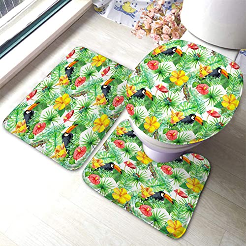 Badezimmerteppich-Set, 3-teilig, Toucan Gecko, Tropische Blätter und exotische Blumen, waschbare Badeteppiche, rutschfest, mit Rückenpolster, Konturteppich und Toilettendeckelbezug