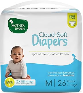 Mother Sparsh Cloud-Soft Baby Diapers, Medium (M) Size, 26 Count (7-12kg) | Rash-Free Premium Diaper Pants | 12hr Leak Lock Protection - 2X Slimmer Non-Bulky Pant Style Diaper